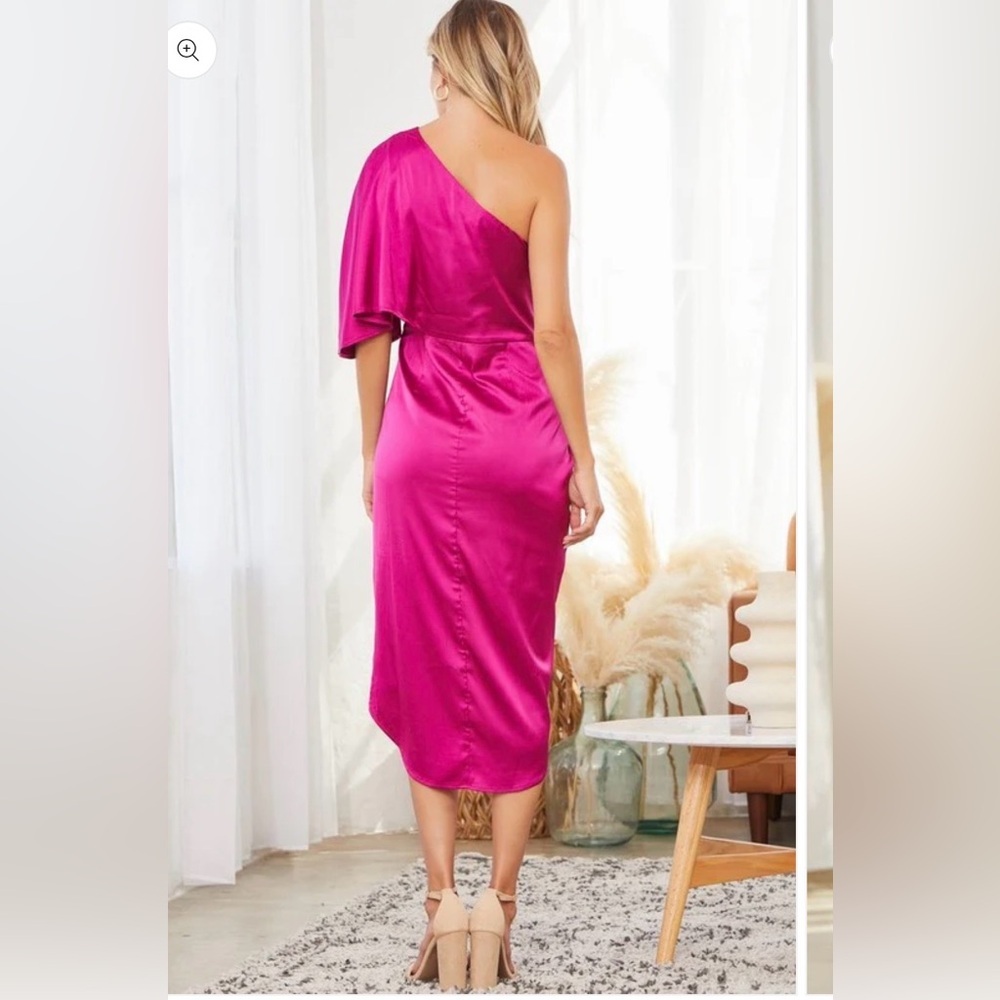Anrabess One-Shoulder Fuchsia Satin Midi Dress sz M preloved - Picture 3 of 11
